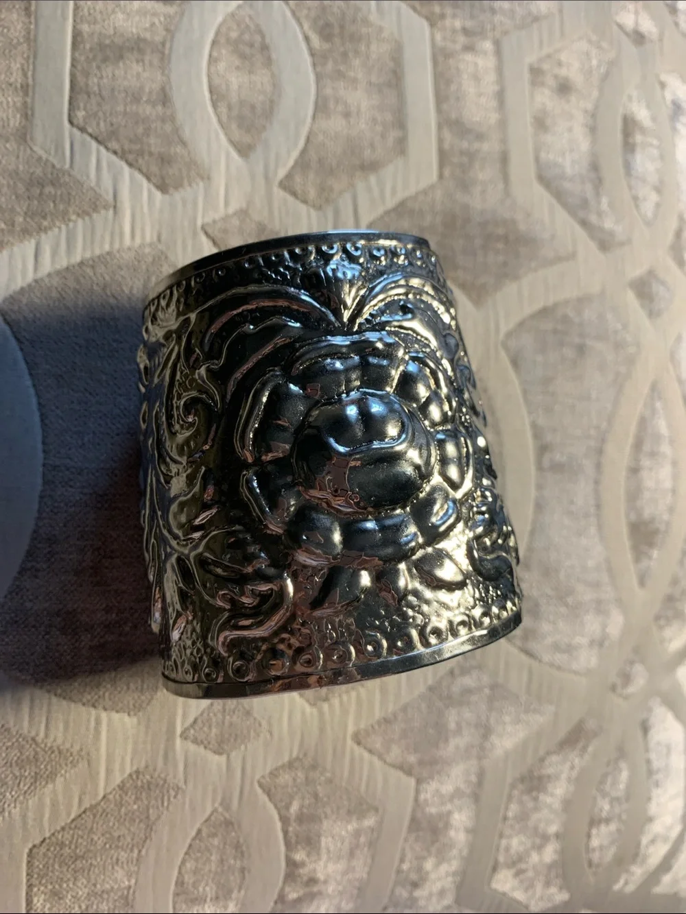 Wide Vintage Floral Cuff Bracelet Silver Tone